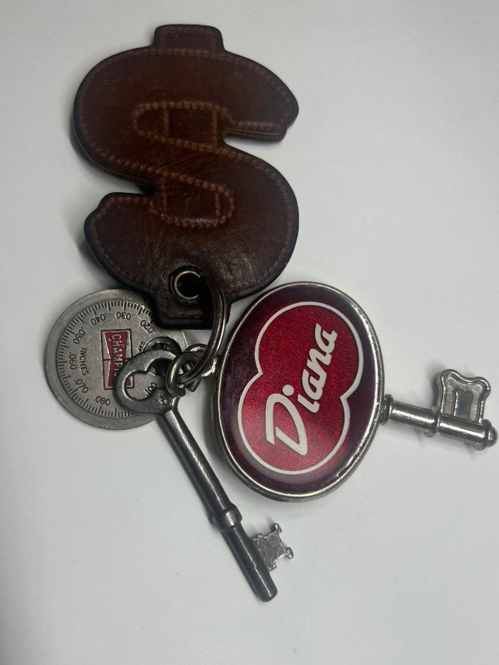Vintage Keychain Lot Leather Dollar Sign Champion Spark Plug Gap Tool Skeleton K
